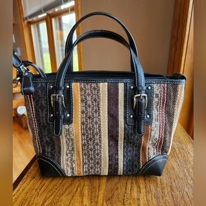 Fossil Purse Jacquard Logo Striped Black Brown Mixed Media Purse Handbag
